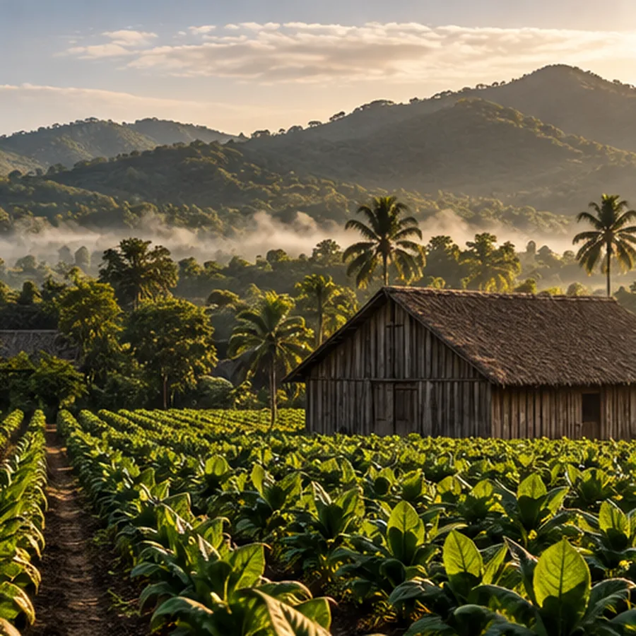 Illustrated tobacco-growing landscape with fields, mountains and a farmhouse
