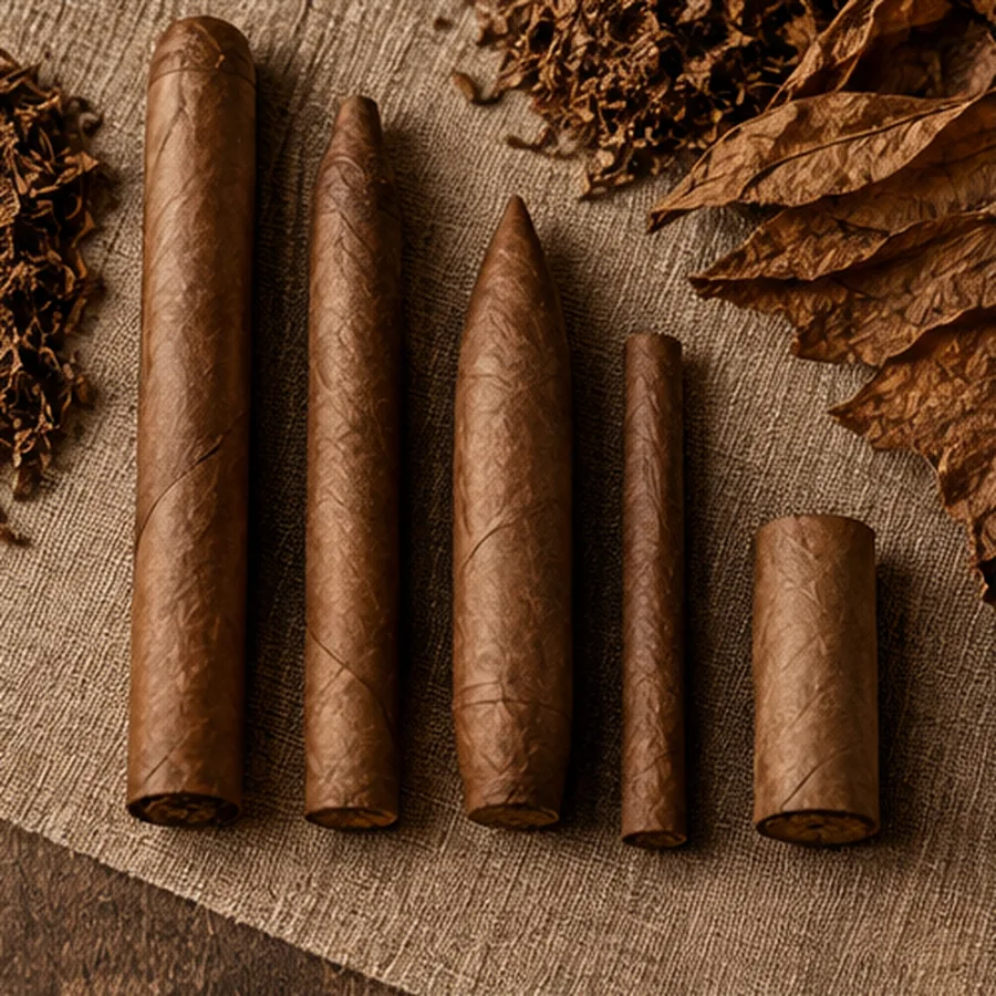 Archival illustrated lineup of differently shaped cigar forms with neutral measurement marks